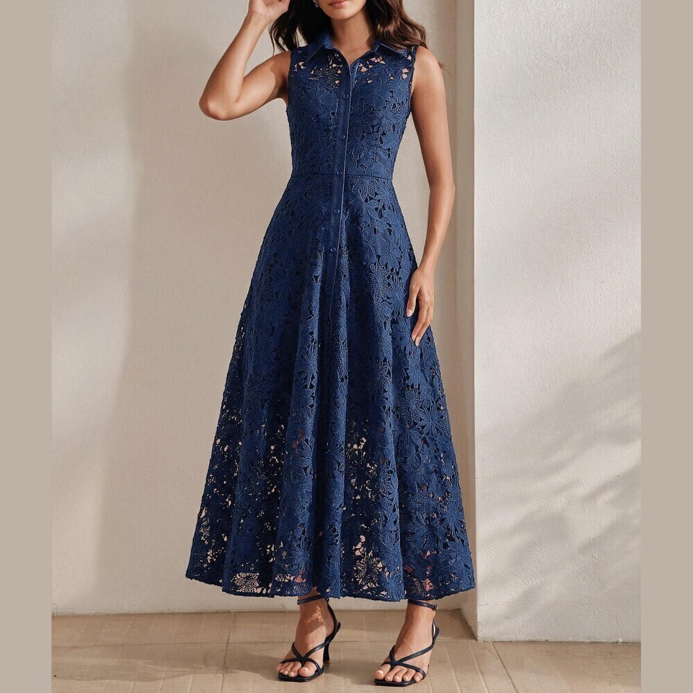 Navy Blue Floral Lace Collared Sleeveless Button Front Maxi Dress